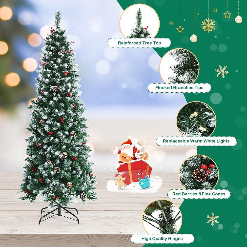5 ft Green Pre-Lit Pencil Christmas Tree with Pine Cones and Red Berries