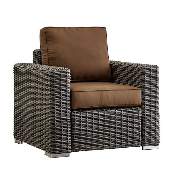 HomeSullivan Camari Charcoal Square Arm Wicker Outdoor Patio Lounge Chair with Brown Cushion