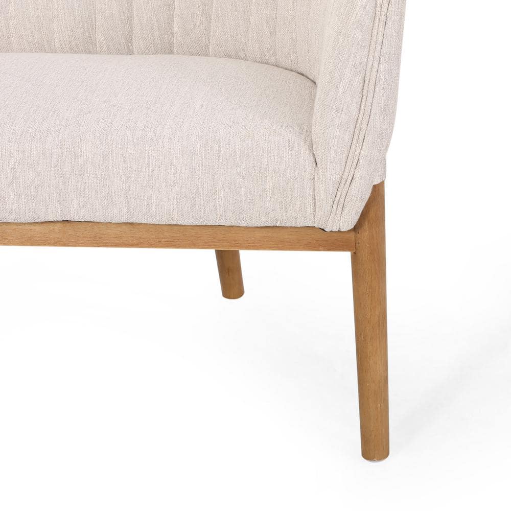 Mid-Century Beige Fabric Loveseat with Channel Stitching and Wood Frame