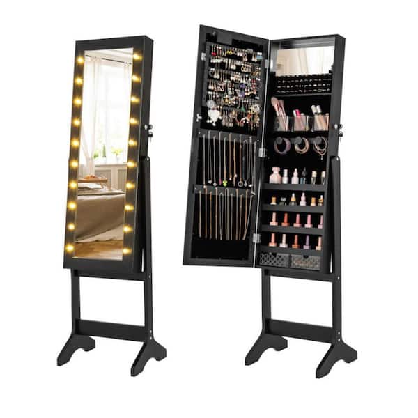 16 in. x 61.5 in. Black Freestanding Lockable MDF Jewelry Armoire Storage Organizer with Mirror and Lights