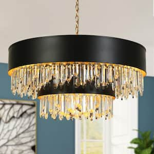 Phesonlaxy 18-Light Black and Plating Brass 2-Tier Crystal Drum Chandelier with Goldleaf Interior, No Bulbs Included