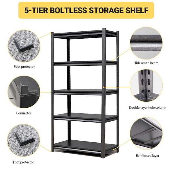 GQB 5-Tier Adjustable Metal Shelves in Black, 2000 lbs. Heavy Duty
