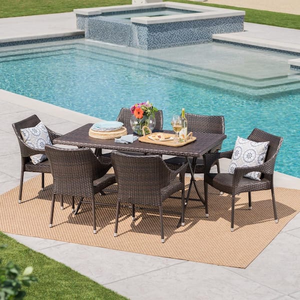 Noble House Madeleine Multi Brown 7, Wicker Patio Dining Sets With Umbrella Hole