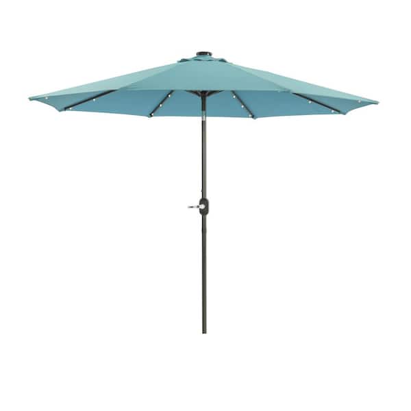 Unbranded 9 ft. Solution-Dyed Fabric Aluminum Market Patio Umbrella in Light Blue with Solar LED Lighting