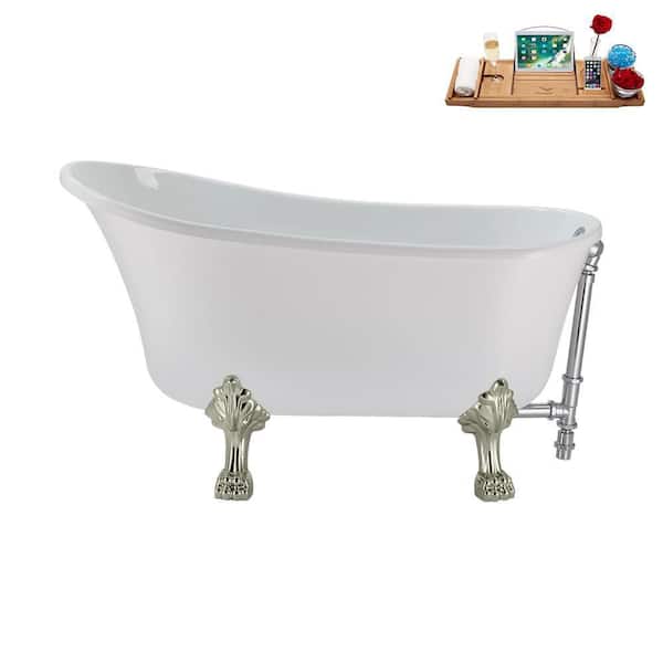 Streamline 51 in. Acrylic Clawfoot Non-Whirlpool Bathtub in Glossy White with Polished Chrome Drain and Brushed Nickel Clawfeet