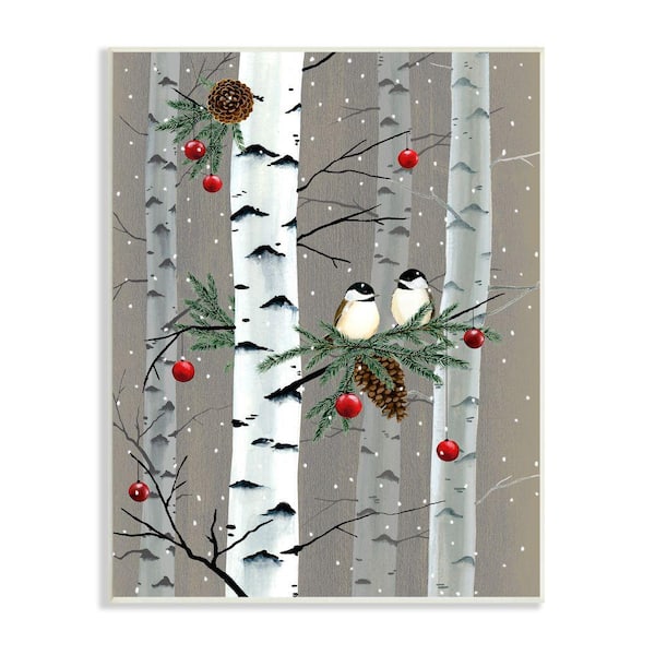 "Birds and Holiday Ornaments Birch Tree Forest" by Grace Popp Unframed Animal Wood Wall Art Print 13 in. x 19 in.