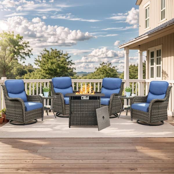 moosprr Luxury Gray Wicker Fire Pit Conversation Set with Olefin Blue Cushions and Patio Swivel Chairs/Side Tables (7-Piece)
