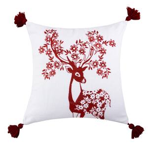 Villa Lugano Sleigh Bells Red White Reindeer Floral Embroidered with Corner Tassels Holiday 18 in. x 18 in. Throw Pillow