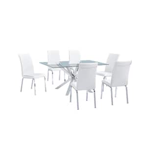 Tom 7-Piece Rectangle Stainless Steel Glass Top White Faux Leather Chairs.