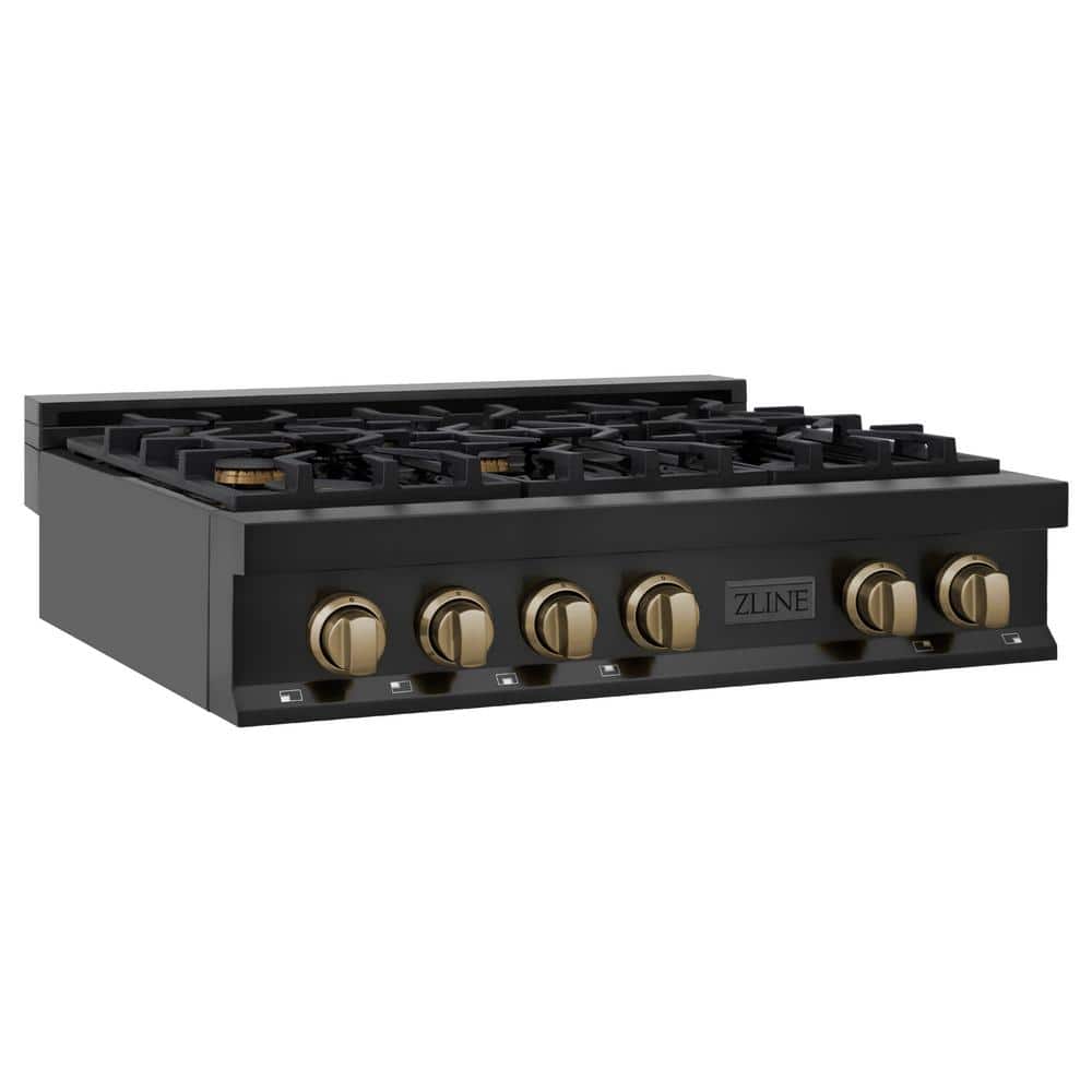 ZLINE Kitchen and Bath Autograph Edition 36 in. 6 Burner Front Control Gas Cooktop with Champagne Bronze Knobs in Black Stainless Steel, Black Stainless Steel & Champagne Bronze