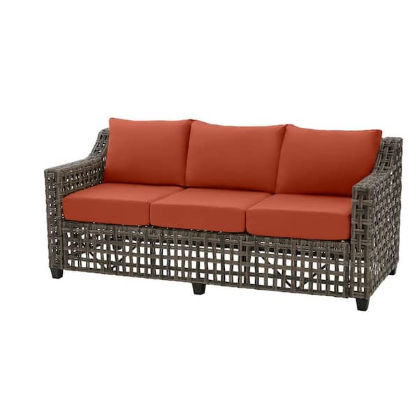 Hampton Bay Briar Ridge Brown Wicker Outdoor Patio Sofa with CushionGuard Quarry Red Cushions