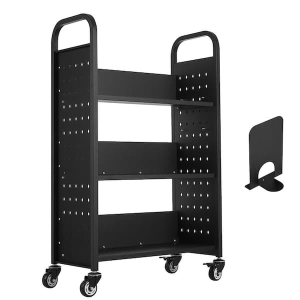 SKYSHALO Book Cart 330 lbs. Library Cart 31 x 15 x 49 in. Single Sided L-Shaped Book Shelf with 4 in. Lockable Wheels in Black