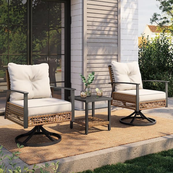 LAUSAINT HOME Brown 3-Piece Wicker Patio Conversation Set with Rattan Swivel Rocking Chairs with Beige Cushions and Coffee Table