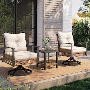 Brown 3-Piece Wicker Patio Conversation Set with Rattan Swivel Rocking Chairs with Beige Cushions and Coffee Table