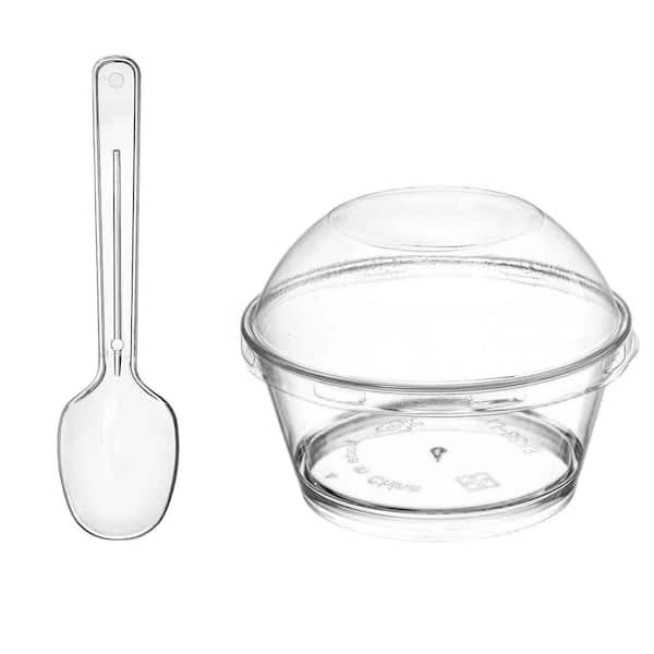 100-Pack 3.5 in. 5 oz. Disposable Thick Plastic Dessert Cups with Lids and Spoons, Clear Mini Reusable Serving Bowls