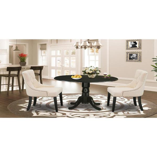 3-Piece Round Black Finish Solid Wood Top Dining Table with 2-Parson Chairs with Drop Leaf Lattice Back