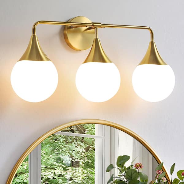 KAISITE 24 in. 3 Light Brushed Gold Vanity Light with Milk White Globe Glass Shade