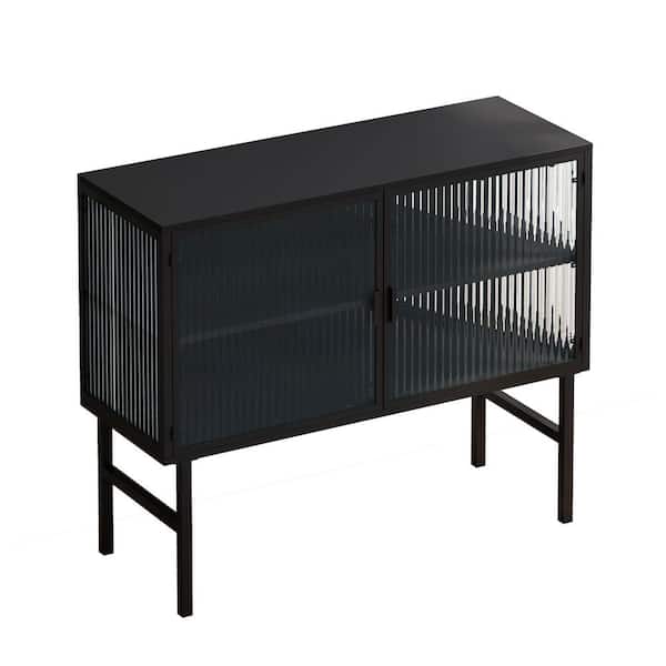 Miscool Anky 43.31 in. W x 15.75 in. D x 36.42 in. H Black Metal Freestanding Linen Cabinet Glass Plus Black Bathroom Storage