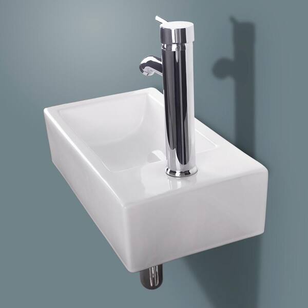 Tatahance White Rectangle Bathroom Ceramic Vessel Sink Bowl Wall Mounted in Chrome Faucet