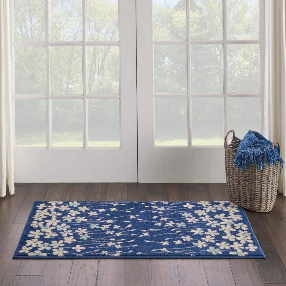 Navy Floral Whisper Rectangular Viscose 2' x 4' Area Rug
