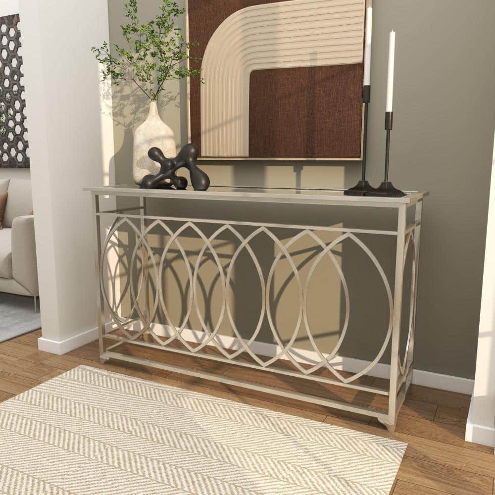 Silver Metal and Glass Geometric Console Table