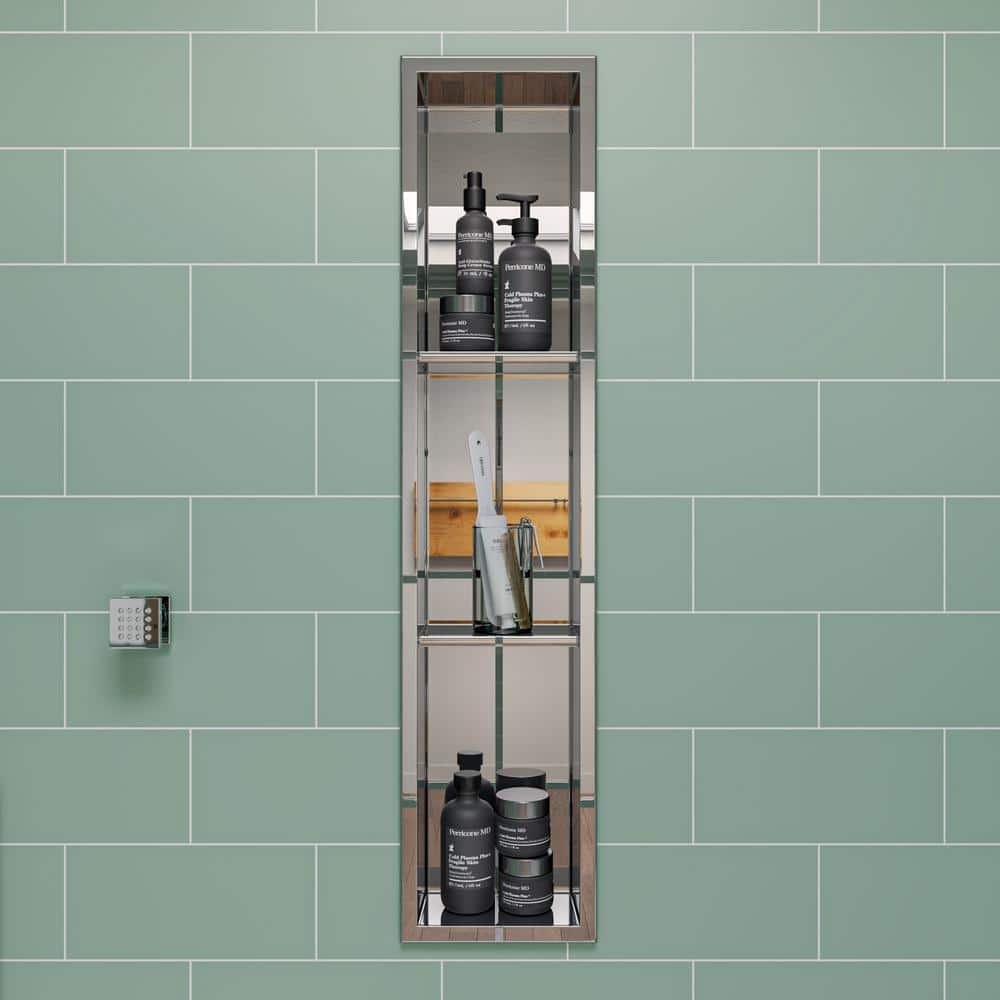Polished Stainless Steel Vertical Triple Shelf Shower Niche