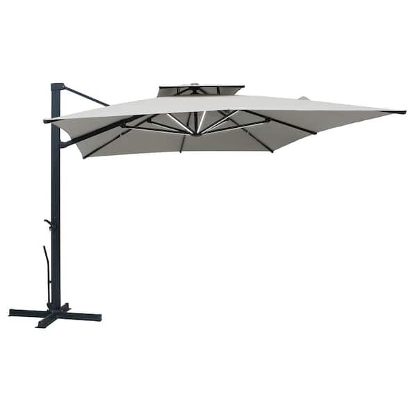 Clihome 10 ft. x 13 ft. Double Top Cantilever Umbrella with LED Lights Rectangular Crank Market Umbrella Patio Umbrella in Gray