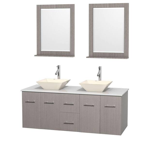 Wyndham Collection Centra 60 in. Double Vanity in Gray Oak with Solid-Surface Vanity Top in White, Bone Porcelain Sinks and 24 in. Mirror