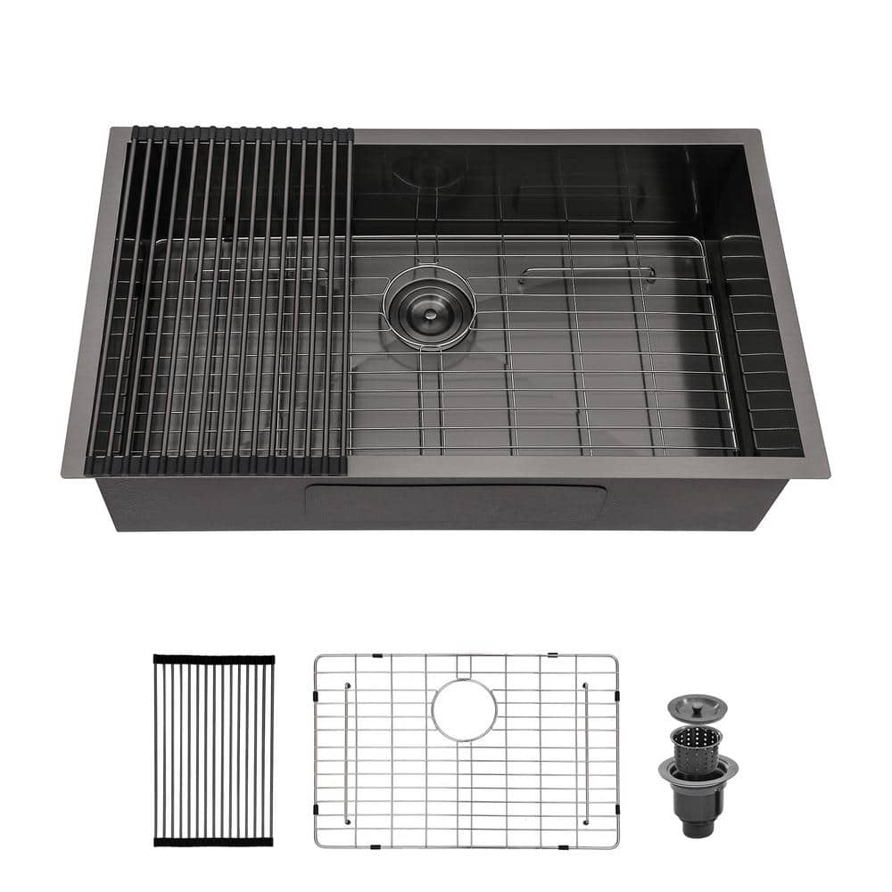30 in Undermount Single Bowl Black Stainless Steel Kitchen Sink with Bottom Grid and Rolling Drying Rack, Gunmetal Black