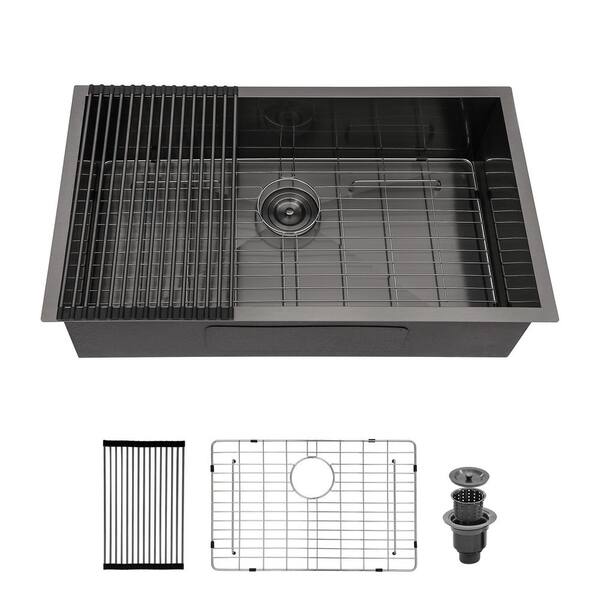 30 in Undermount Single Bowl Black Stainless Steel Kitchen Sink with Bottom Grid and Rolling