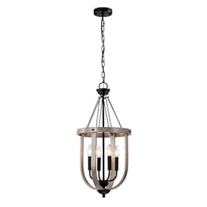 Giano 14 in. 4-light Indoor Matte Black and Faux Wood Grain Finish Chandelier with light Kit