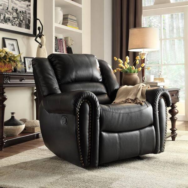 HomeSullivan Merida Bonded Leather 1-Piece Recliner with Nailhead Accent in Black