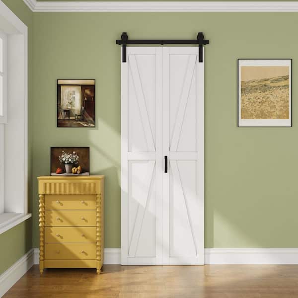 32 in. x 84 in. Paneled White Finished British K Shape MDF Bifold Sliding Barn Door with Hardware Kit