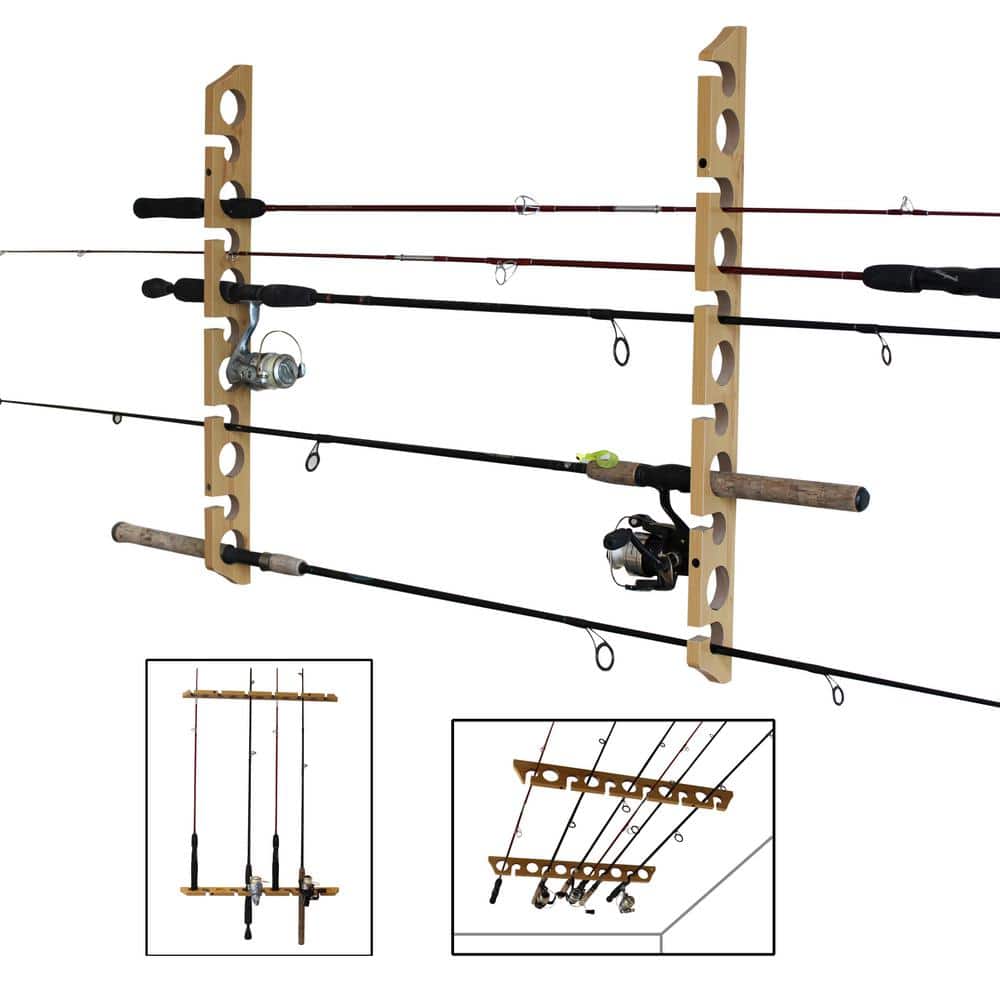  WH5 Horizontal Fishing Rod/Pole Holders For Garage, Wall Or  Ceiling Mounted Fishing Rod Rack, Solid Wood Fishing Pole Holder Holds Up  To 5 Rod Or Combos Or Nets Storage Racks