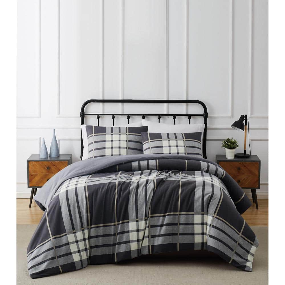 Milo Plaid Twin XL Gray Cotton Flannel Duvet Cover Set
