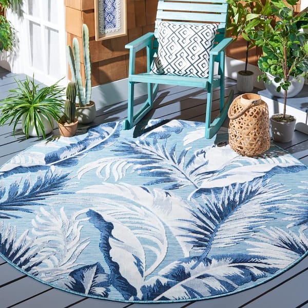 Cabana 4 ft. x 4 ft. Round Aqua/Navy High-Low Leaf Indoor/Outdoor Area Rug