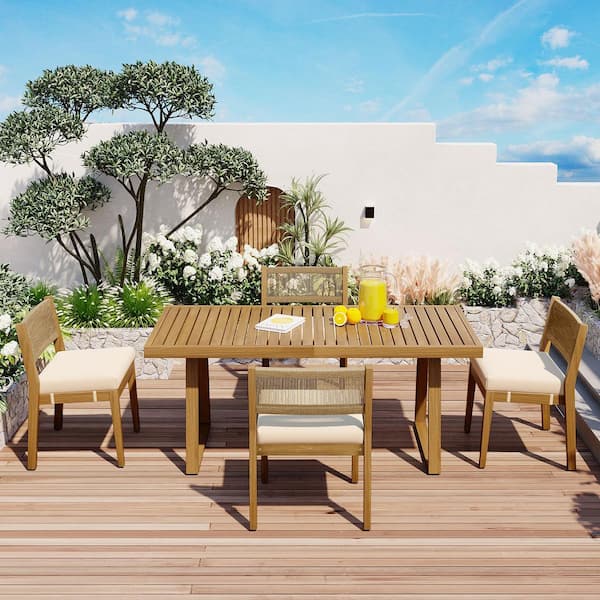 Unbranded 5-Piece Wood Outdoor Dining Set with Beige Cushions and aTable