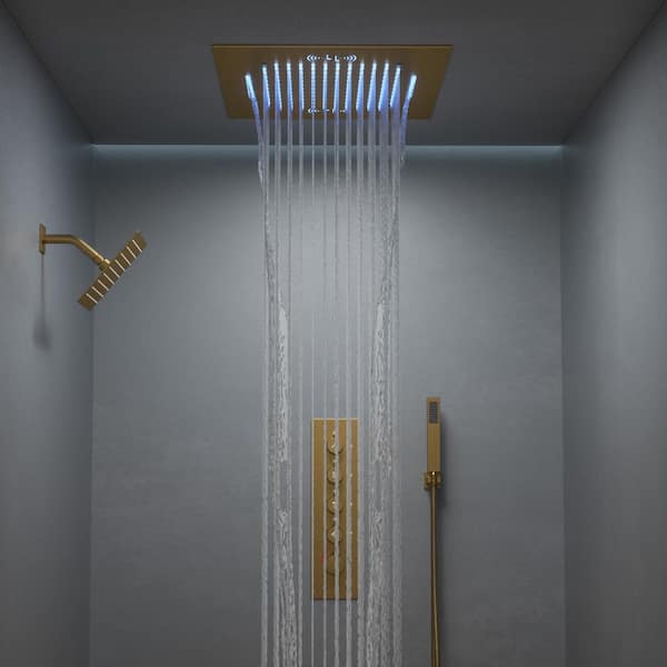 Aurora 20 in. Quintuple Handles 15-Spray Shower Faucet 2.5 GPM with LED, Bluetooth, Anti Scald Handheld in. Brushed Gold