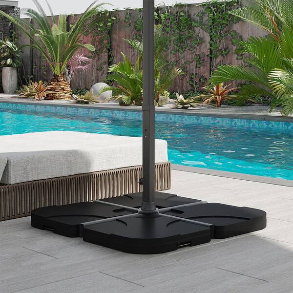 4-piece cantilever offset patio umbrella base stand w/ carry handles Misopily 4-Piece HDPE Plastic Cantilever Patio Umbrella Base Stand with Carrying Handle, 158 lbs. Capacity Sand, Black