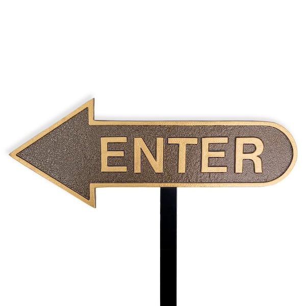 6" x 15.5" Left Arrow Enter Statement Plaque Sign with Lawn Stake-Hammered Bronze