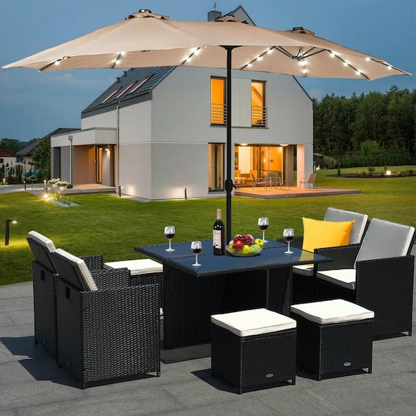 15 ft. Steel Market Solar Patio Umbrella in Beige with LED Lights and Base Stand