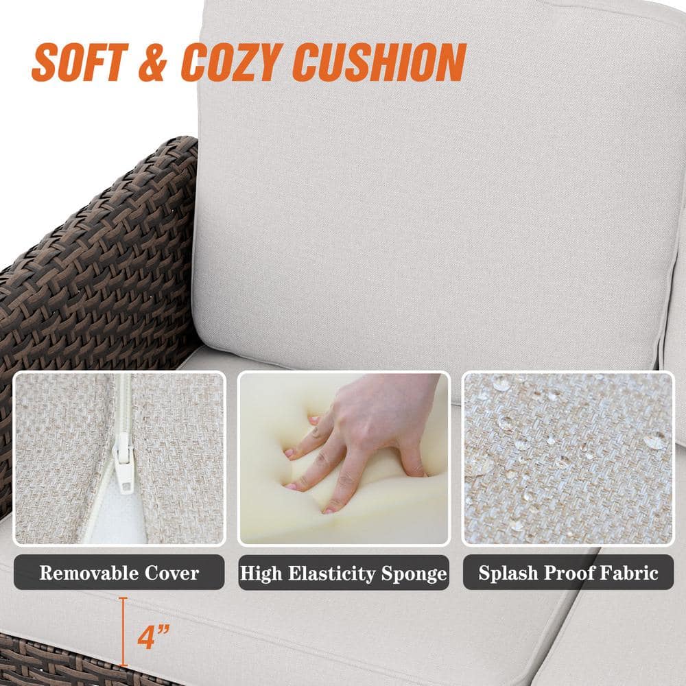 5-Piece Beige Cushioned Brown Wicker Outdoor Conversation Set