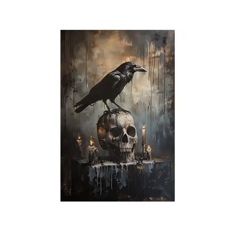 Wooden Framed Canvas Wall Art, 36 x 24, Crow on Skull with Candles