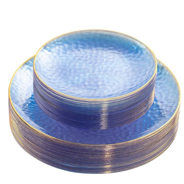 60 Piece Clear Blue Plastic Plates with Gold Rim, Heavy Duty Hammered Disposable Round Plates for Wedding, Party