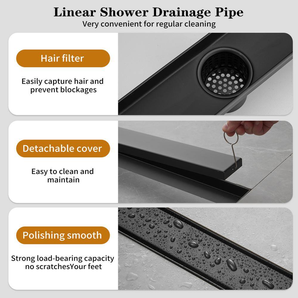 32'' Matte Black Stainless Steel Linear Shower Drain with Slot Pattern Cover