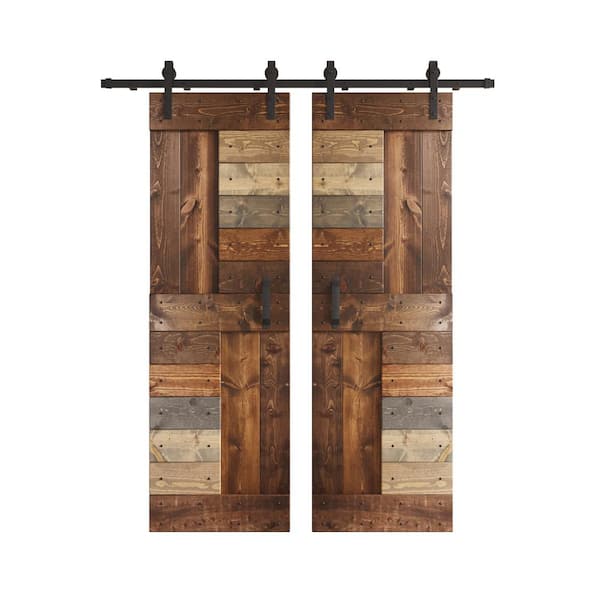COAST SEQUOIA INC S Series 60 in. x 84 in. Multi Color Knotty Pine Wood Double Sliding Barn Door with Hardware Kit