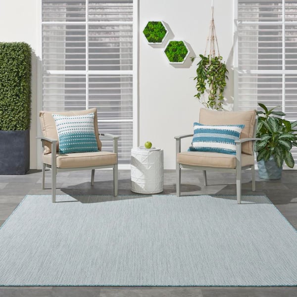 Courtyard Ivory/Aqua 8 ft. x 8 ft. Solid Geometric Contemporary Square Indoor/Outdoor Area Rug