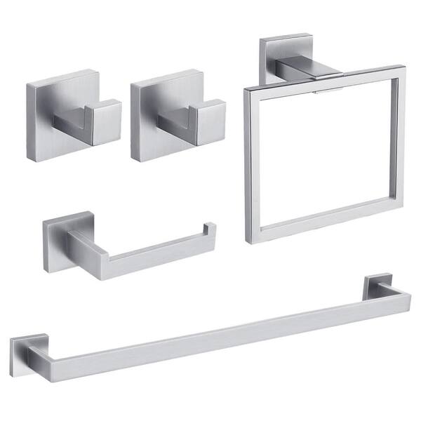 yulika Square 5-Piece Bath Hardware Set with 24 in. Towel Bar Set Hand Towel Holder Towel/Robe Hook in Sliver