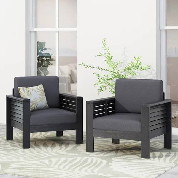Unbranded 2-Piece Set of Acacia Wood Outdoor Club Chairs with Dark Gray Cushions for Pool, Balcony, Garden, Backyard, Porch