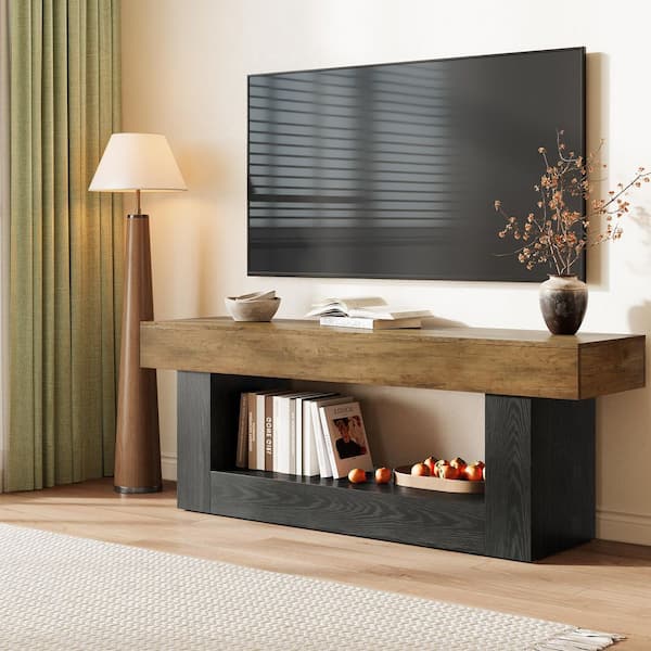 Turrella Brown and Black TV Stand Entertainment Center Fits TV's up to 70 in. with U-Shaped Pedestal& Open Storage Shelf